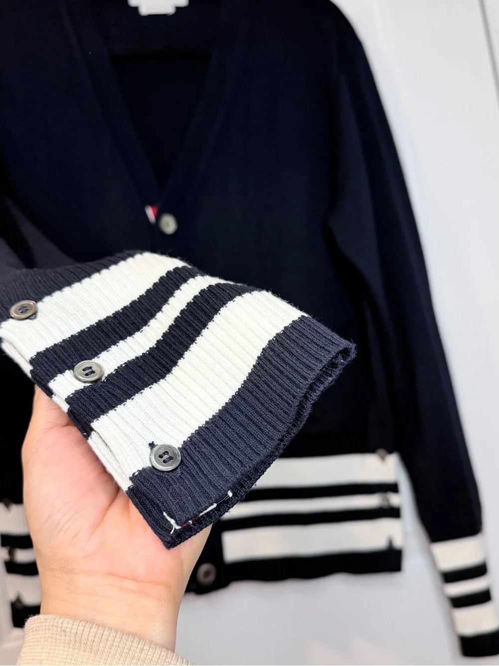 Authentic Thom Browne Navy Wool Cardigan Sweater Stripe Trim Made in Scotland SM